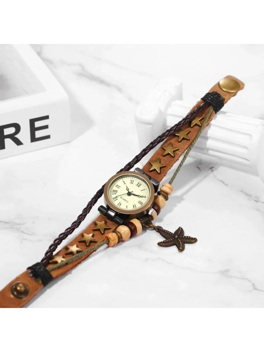 Women's Brown Analog Quartz Star Bracelet Weave Wrap Around Leather Wrist Watch